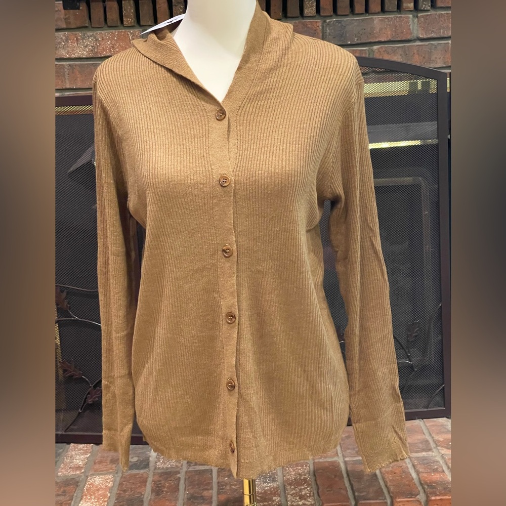 Cozy Tan Button-Up Cardigan with hood